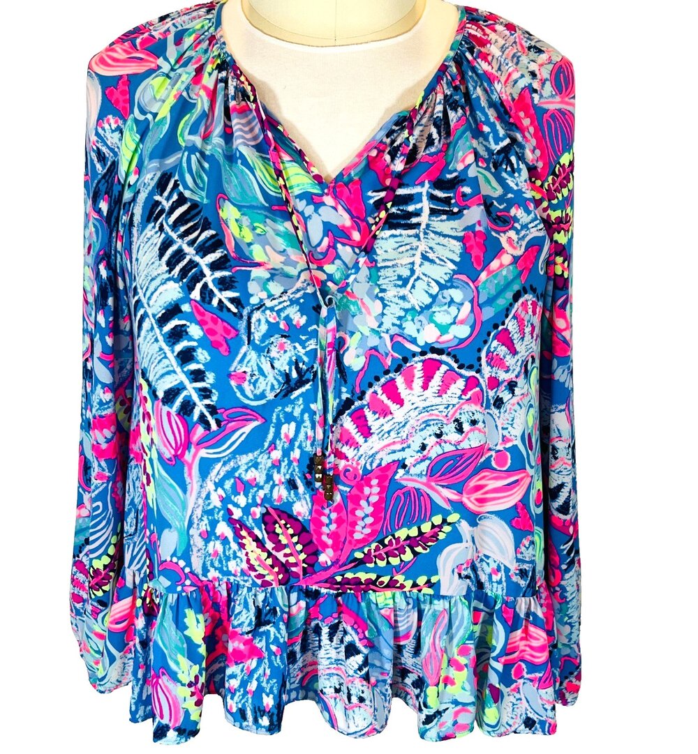 Lilly Pulitzer Blouse Womens L Peasant V-Neck Ruffle Hem Long Bubble Sleeve